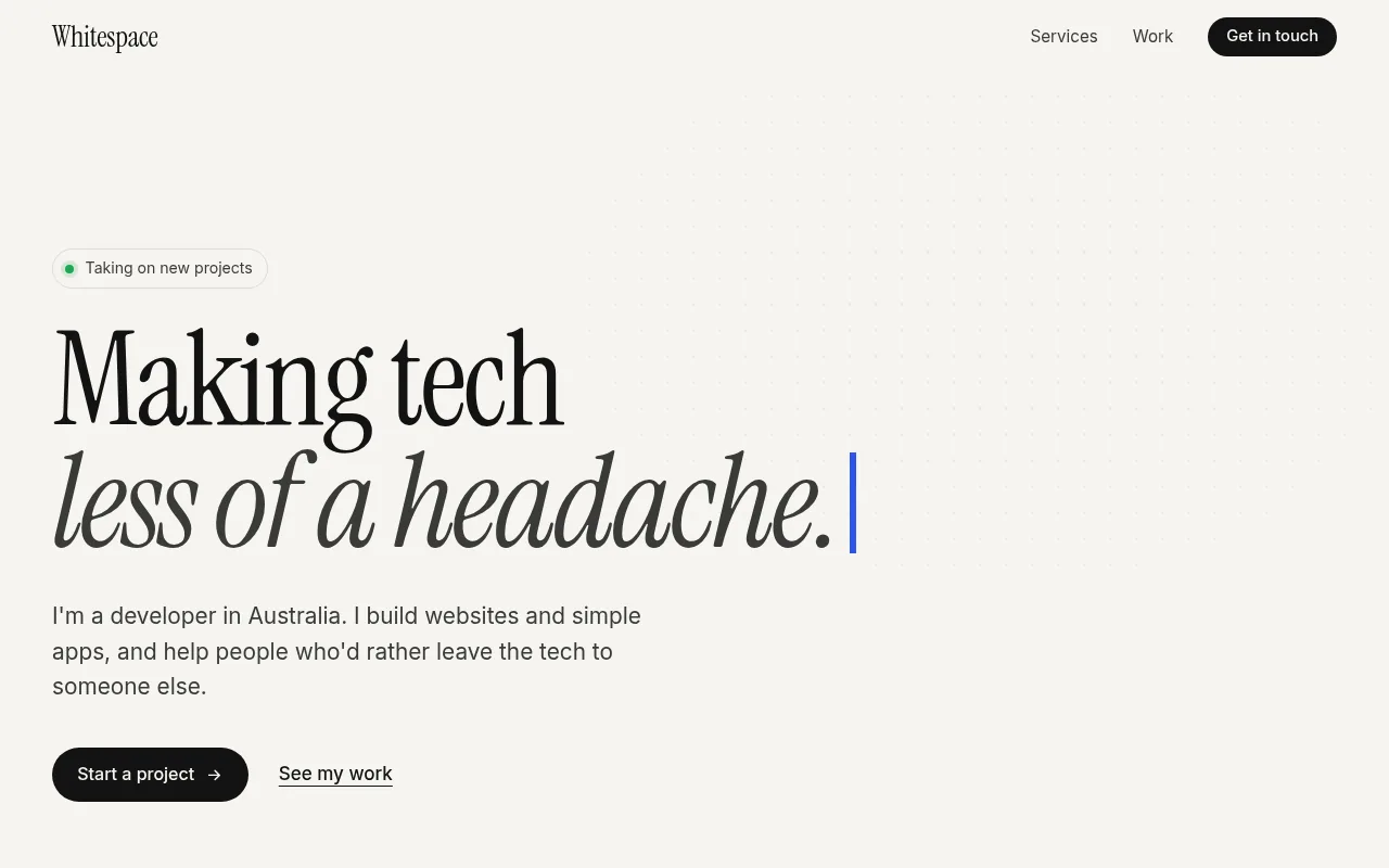 The Whitespace homepage, with the headline Making tech less of a headache
